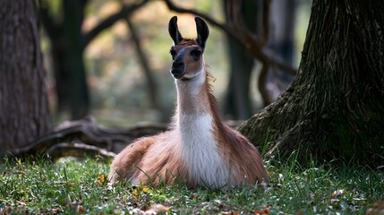 Fototapeta premium A calm llama sits on grass under trees with soft sunlight filtering through the forest canopy