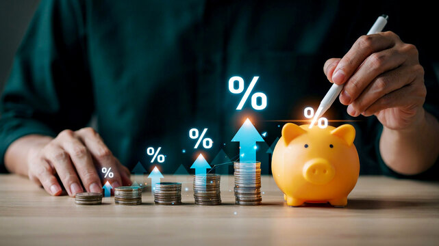 Businessman pointing at piggy bank with rising interest rates and coin stacks representing financial savings investment growth concept