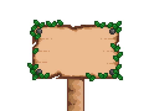 Retro pixel art wooden sign board decorated with green ivy leaves and nails on a white background, perfect for fantasy game UI, nature maps, and adventure design assets.