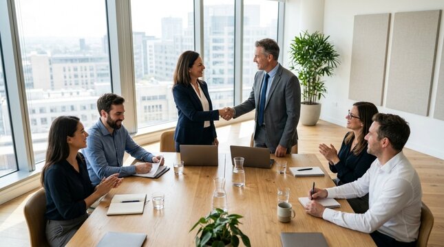 Business handshake success, teamwork, meeting in modern office with city view