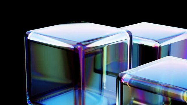 Seamless loop of transparent glass cubes reflecting iridescent colors against a black background