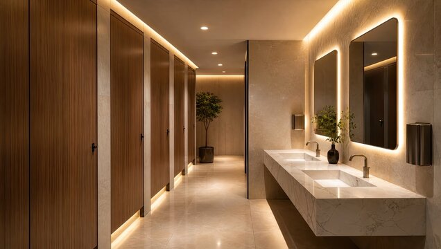 Luxury modern public restroom interior with marble vanity backlit mirrors wooden stall doors and warm ambient lighting for upscale commercial building facilities.