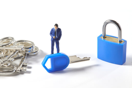 Problem solving concept with businessman, keys and locked padlock
