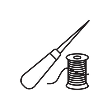 Minimalist line art icon of a sharp stitching awl tool paired with a spool of sewing thread.