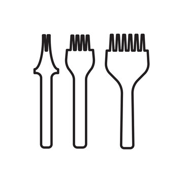 Minimalist line art icon of a 2-prong, 4-prong, and 6-prong pricking iron chisel set for leatherwork.