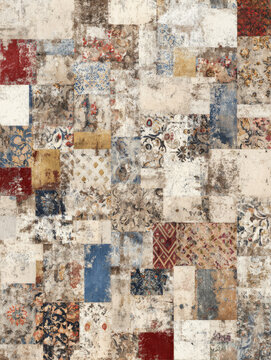 Textured floor covering with patchwork design featuring floral and geometric patterns muted red, blue, beige, and brown tones creating vintage feel