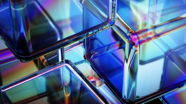Moving abstract structure of blue glass cubes showing iridescent chromatic dispersion and reflections. Seamless loop