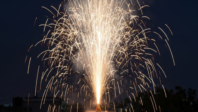 Diwali Fireworks - Golden Anar Flowerpot Burst at Night
