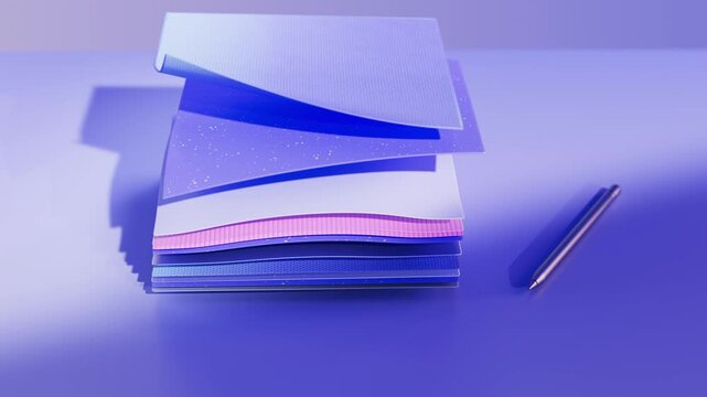 Colorful paper sheets float and separate beside a pen in 3D animation