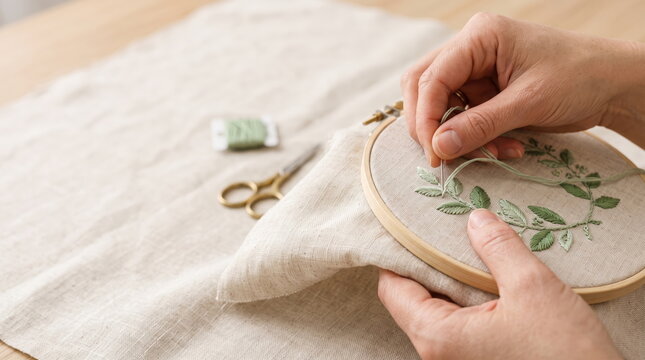 Hands embroidering intricate leaf patterns on fabric for textile craft