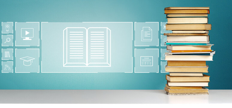 E learning materials on a table with books and digital icons in the background