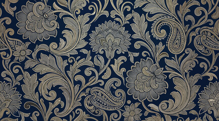 Seamless vintage floral damask pattern with detailed flowers and acanthus leaves in beige on a dark blue background, elegant classic textile design © Saharia