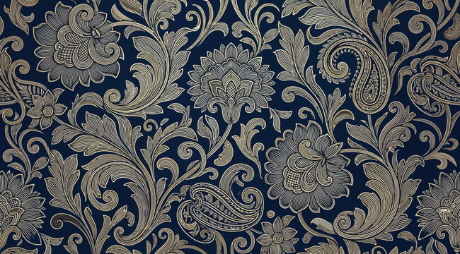 Seamless vintage floral damask pattern with detailed flowers and acanthus leaves in beige on a dark blue background, elegant classic textile design