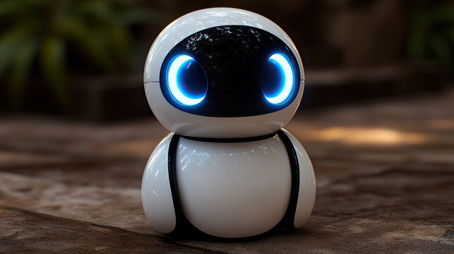 Cute futuristic robotic assistant with glowing blue digital eyes
