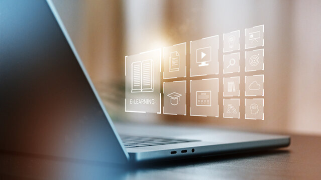 E-learning tools on a laptop screen in a workspace during daytime
