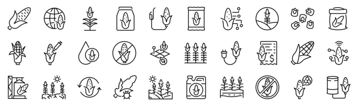 Set of 30 outline icons related to corn. Linear icon collection. Editable stroke. Vector illustration
