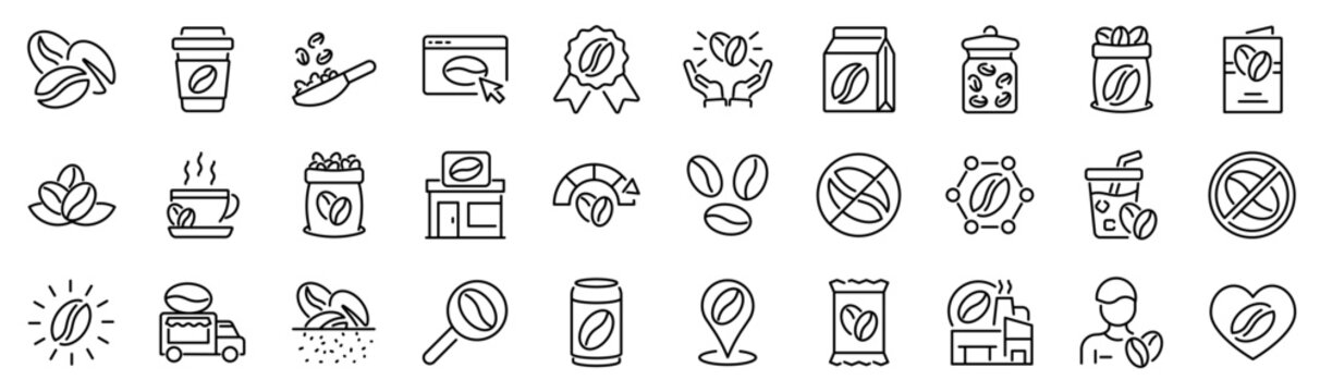 Set of 30 outline icons related to coffee beans. Linear icon collection. Editable stroke. Vector illustration