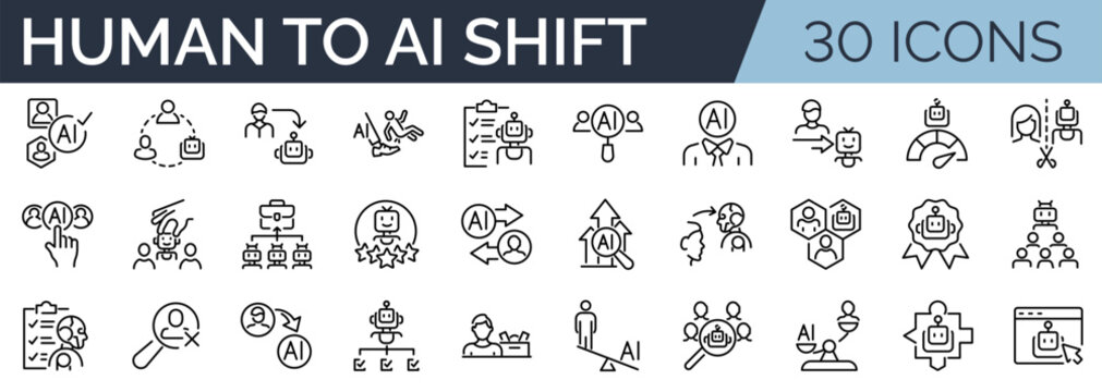 Set of 30 outline icons related to AI replacing humans. Linear icon collection. Editable stroke. Vector illustration