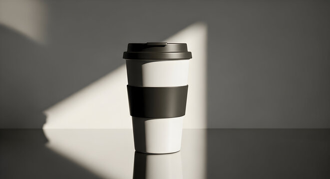 Minimalist Coffee Cup in Black and White with Soft Shadow and Light on a Simple Table Surface