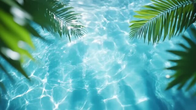 Tranquil tropical pool with sunlit water and palm leaves