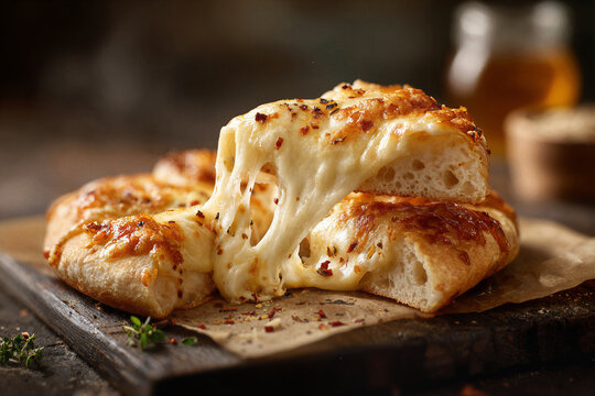 Gooey cheese pull from a freshly baked cheesy bread with herbs
