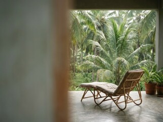 Naklejka premium Cozy wicker rattan sunbed on covered balcony patio overlooking lush green jungle forest