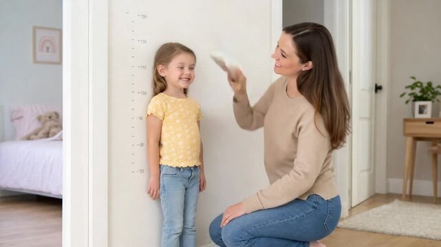 Mother measuring her daughter's height on the wall of her house.