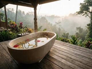 Naklejka premium Free-standing outdoor soaking bathtub filled with blossoms overlooking misty mountain tree canopy