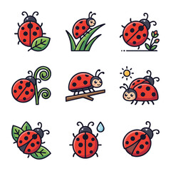 Fototapeta premium Cute ladybug insect cartoon icon set in nature