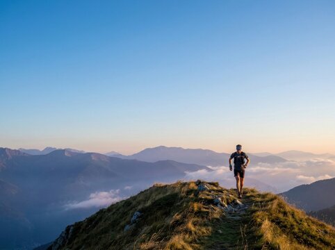 Trail runner standing on rocky mountain ridge peak above sea of clouds at sunrise