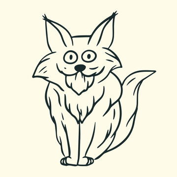 Cute cartoon fluffy cat sitting front view with ear tassels, hand drawn black and white line art vector illustration.
