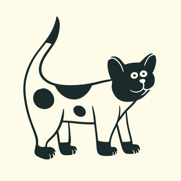 Cute cartoon spotted cat character walking sideways with raised tail, hand drawn black and white vector illustration.