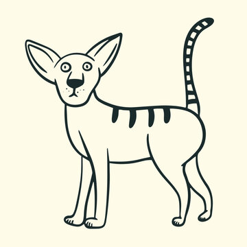 Cute oriental shorthair cat with big ears and stripes standing, hand drawn black and white vector line art.