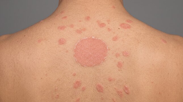 Herald Patch and Secondary Lesions of Pityriasis Rosea Rash on Human Back Skin