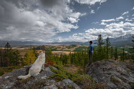 Rear view of a male traveler standing on a rocky cliff with his white dog looking at a vast mountain valley under a dramatic cloudy sky, friendship and solo travel concept