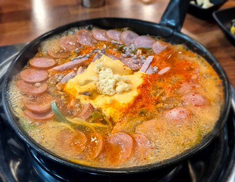 Boiling Korean Spicy Army Stew, Budae Jjigae 