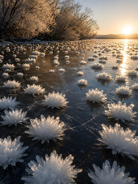 Ice flowers forming on the frozen Tobol River at winter sunrise, with delicate frost crystals covering the dark ice surface in warm golden light.