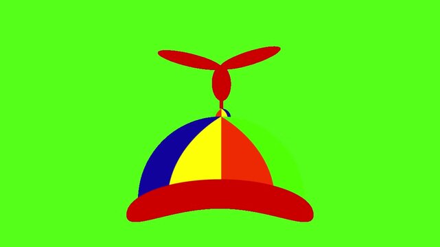 Three colorful propeller hats spinning against a bright green background in a digital animation sequence with identical multicolored propeller lined horizontally against hats rotate continuous flat