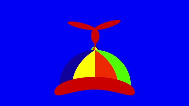 Three colorful propeller hats arranged in a row against a solid blue background surface with video displays repeating pattern three identical multicolored hats spinning propellers top illustration