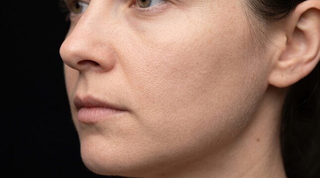 Side Angle Closeup of Caucasian Female Face with Fine Skin Pores Against Black Background