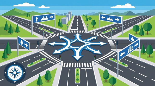 Road Directional Arrow Flat Design with Signposts, Routes and Compass for Navigation, Travel, Wayfinding, Transportation and Journey Planning