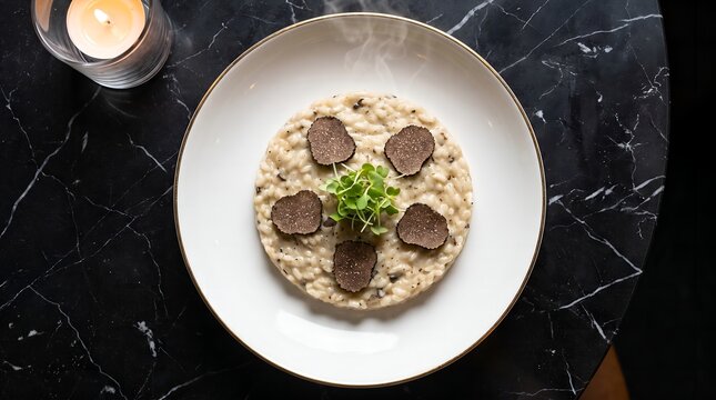Gourmet black truffle risotto creamy rice dish served on white porcelain plate with gold rim microgreen garnish black marble table glowing candle warm ambient lighting elegant fine dining top view pro