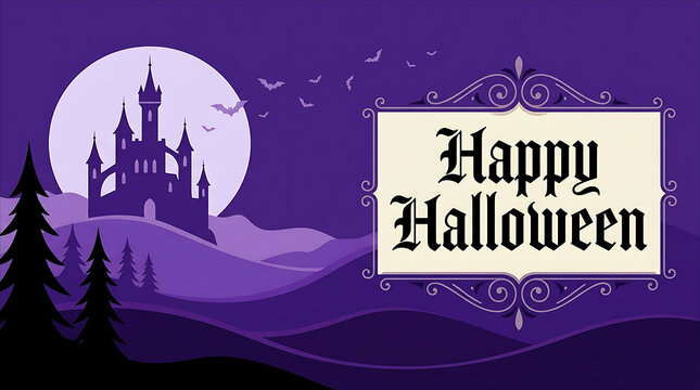 Purple Halloween Greeting Design with Haunted Castle and Moon