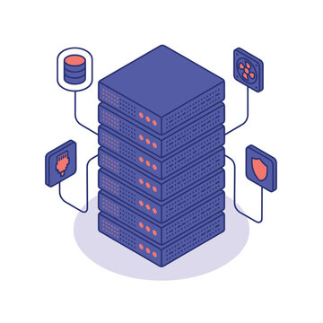 Dynamic of a Modern Server Stack with Connected Database CPU Network and Security Icons with high quality professional line art symbols for modern creative design and digital branding projects