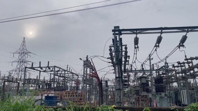 Electrical Substation with High Voltage Power Equipment Transformers and Transmission Infrastructure