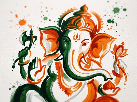 Expressive tricolor brushstroke painting of Lord Ganesha featuring saffron, green, and white hues on textured paper background.