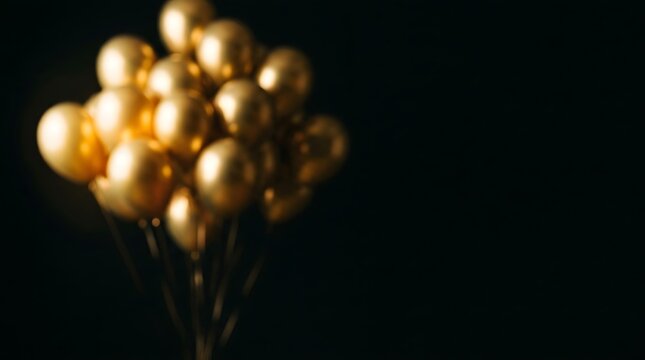 A bunch of shiny gold balloons floating against a dark black background