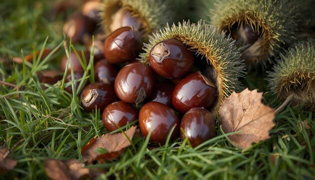 A close-up shot of fresh, glossy brown horse chestnuts spilling out of their green spiky husks