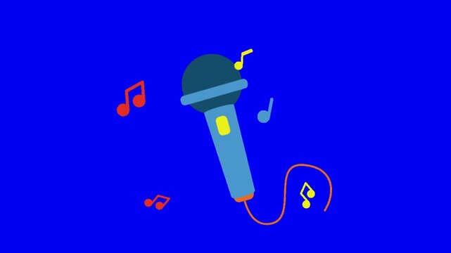 Three identical cartoon microphones with floating musical notes on a bright blue background surface with illustrations handheld microphone flat vector illustrations against vibrant solid minimalist