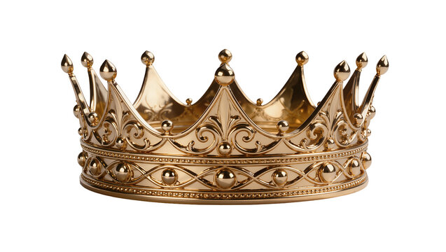 Ornate golden crown with intricate scrollwork and beaded trim, isolated on transparent background